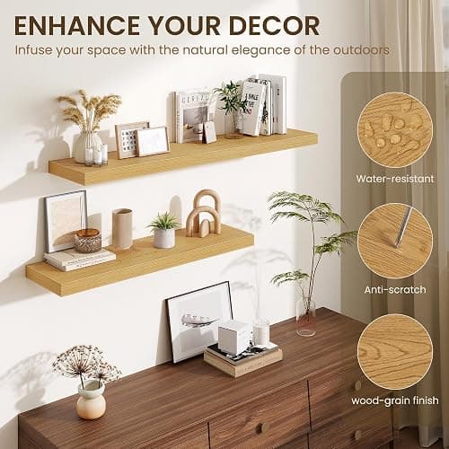 Fun Memories Floating Shelves for Wall, 30 Inch Long Floating Shelves Set of 2, 30 x 10 Wooden Shelves for Wall, Large Storage Shelves, Hanging Shelves for Bathroom Kitchen Bedroom, Oak thumbnail 4