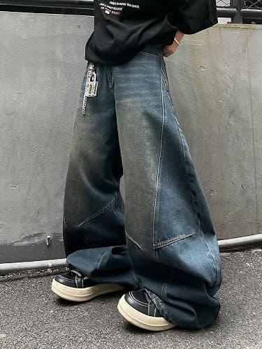 DFGIGT Men's Vintage Baggy Barrel Wide Leg Jeans Structured Stitching Loose Fit Retro Casual Streetwear Denim Pants thumbnail 2