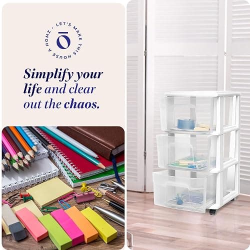 HOMZ Drawer Tower, 3-Tier Clear Plastic Storage Organizer Cart, White Frame - Heavy-Duty Organizing Drawers for Home, Bedroom, and Closet Organization thumbnail 7