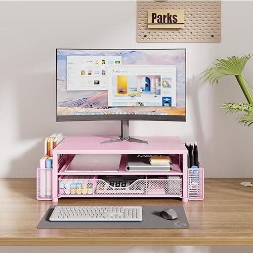 OPNICE Desk Organizers and Accessories, 2-Tier Computer Monitor Stand Riser with Drawer and 2 Pen Holders, Laptop Stand, Office Desk Accessories & Office Decor for Women, Pink thumbnail 2