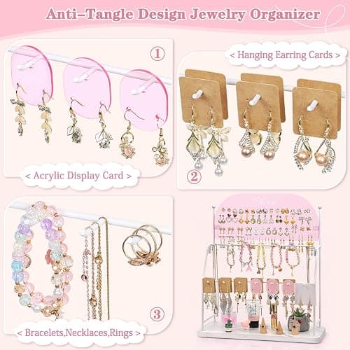 Keebofly Acrylic Earring Organizer Stand with 14 Hooks - Pink | Cute Earring Holder for Girls & Teens, Jewelry Display with 300 Holes & 14 Hooks, Vanity Desk Decor thumbnail 8
