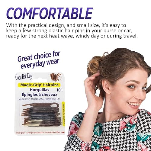 Good Hair Days Hair Pins - 2 1/2" Plastic, U-shaped Magic Grip Hairpins, Strong Durable Pins For Fine, Thick & Long Hair, Styling Accessories - Tortoise Shell, Set of 10 thumbnail 3