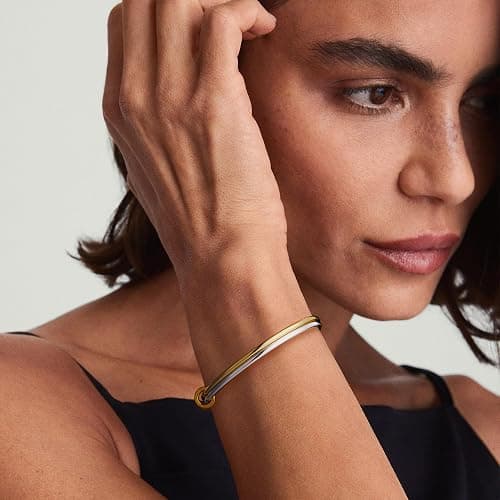 NOKMIT 2PCS 14K Gold Silver Tone Stackable Bangle Bracelets for Women, High Polished Thin Plain Stainless Steel Bangle with Detachable Connector Ring, Non-Tarnish Mixed Metal Jewelry thumbnail 3