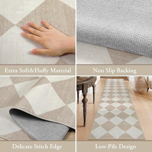 Beeiva Checkered Print Washable Indoor Door Mats for Entryway, 2x3 Non Slip Ultra Thin Bathroom Rugs Fit Under Door, Moroccan Diamond Decor Beige Small Rugs for Bedroom Kitchen Laundry Entrance thumbnail 6