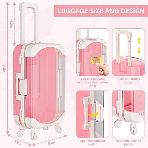 XFBB Doll Suitcase Travel Set, 18 inch Doll Clothes and Accessories - 28 Pcs Travel Pillow, Unicorn Bag, Sunglasses, Camera, Computer, Phone, Passport, Birthday Gift for Age 3 4 5 6 Year Old Girls thumbnail 3