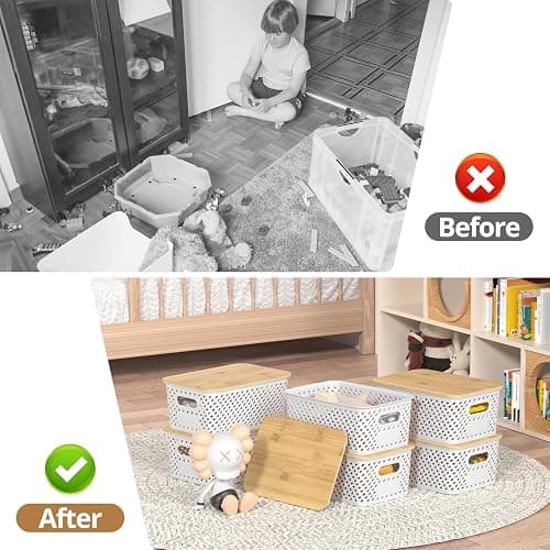 ZFTMRR Plastic Storage Bins with Bamboo Lids, Stackable Small Box Baskets for Organizing and Containers for Shelves Drawers Desktop Closet Pantry Classroom Office Home, 6 Pack 10.2x7.2x4.1 Inch, White thumbnail 7