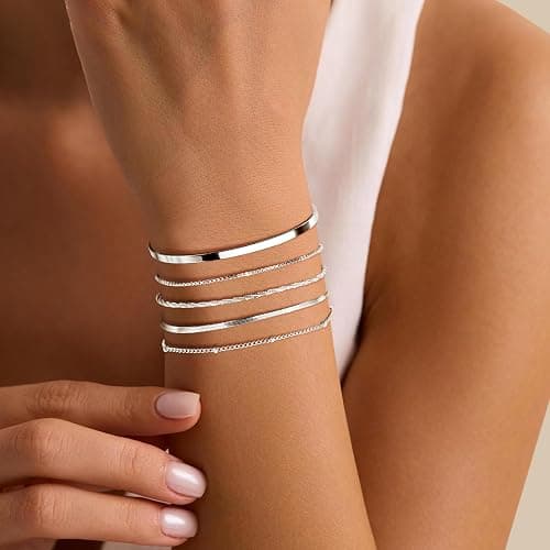 Thin Gold Bracelet for Women Stack, Dainty 14K Gold Bracelet Stackable Set with Bangle Cuff, Box, Herringbone, Paperclip, Figaro, Sparkling Link Chains, Simple Waterproof Non Tarnish Minimalist Gifts for Women Trendy thumbnail 3