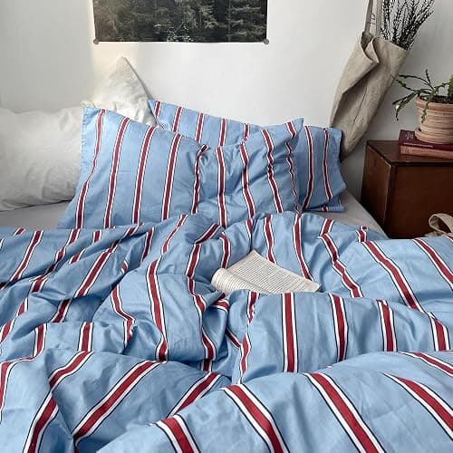 mixinni Vintage Striped Blue Duvet Cover Queen - 100% Cotton Red Stripes 3-Piece Bedding Duvet Cover Set with Zipper Closure, Soft & Breathable Retro Design for All Seasons (Queen Size) thumbnail 8