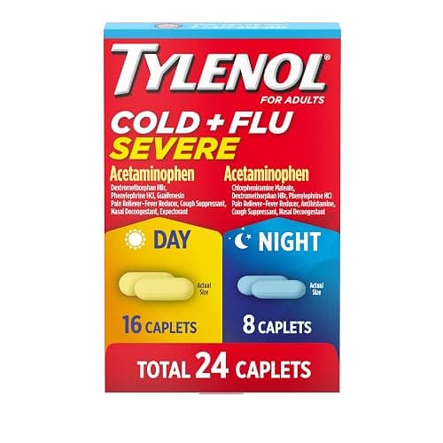Tylenol Cold + Flu Severe Daytime + Nighttime Cold Medicine Caplets Combo Pack for Multi-Symptom, Cough, Sore Throat, Headache, Nasal Congestion Relief, Acetaminophen, Pain Reliever, 24 Count - Image 1