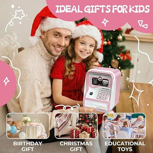 Piggy Bank for Kids Electronic ATM with Password Fingerprint Unlock for Real Money, Children Cash Coin Bank Birthday Gifts for 3 4 5 6 7 8 9 10 11 12 Year Old Boy Girl(Pink/White) thumbnail 6
