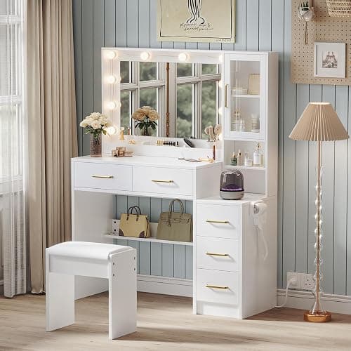 35.4" Makeup Vanity Desk with Charging Station, White Makeup Dressing Table with Mirror & Lights, 3 Lighting Modes Adjustable Brightness, Vanity Table with Power Outlet &5 Drawers Gold Handle thumbnail 7
