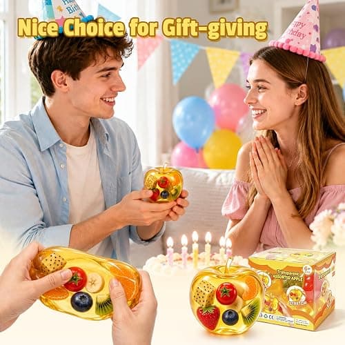 Clear Apple Squishy Toy with Colorful Fruit Inside | Stress Anxiety Relief Fidget Sensory Toy, Clear Fruit Squishy, Birthday Party Favor Classroom Reward Squishy Toys for Kids thumbnail 2