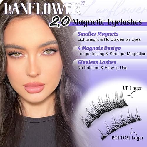 Lanflower Magnetic Eyelashes with Applicator Natural Magnetic Lashes Wispy False Eyelashes with Magnets Fairy Eyelashes No Need Glue Manga Lashes thumbnail 2