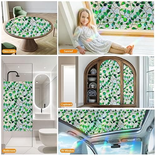 Window Privacy Film Stained Glass Decorative Static Clings Rainbow Window Tint for Home Room Decor Bathroom Door Car Stickers with Iridescent Effect, Removable(Blue & Green pothos Botanical) - Green&blue - 17.5*78.5 thumbnail 5