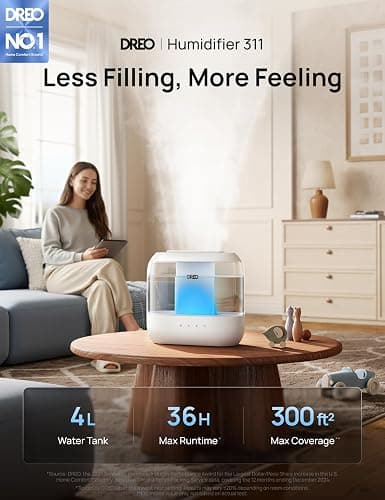 DREO 4L Humidifiers for Bedroom, 36H Runtime, 28 dB Quiet, HM311 | Easy to Refill & Clean, BPA-Free, Nightlight, Supersized Air Humidifiers for Large Room, Baby Nurseries, Plants, Indoor thumbnail 3