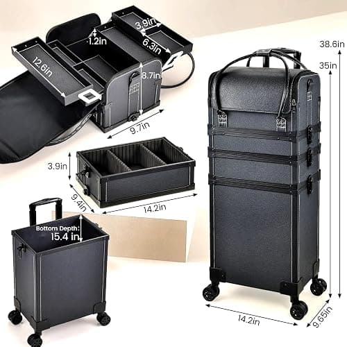 Costravio 5 in 1 Rolling Makeup Case Transformable Train Case, Black Vegan Leather Cosmetology Case on Wheels, Travel Cosmetic Storage Cases for for Hairstylist Artist Nail Beauty Salon Barber thumbnail 2