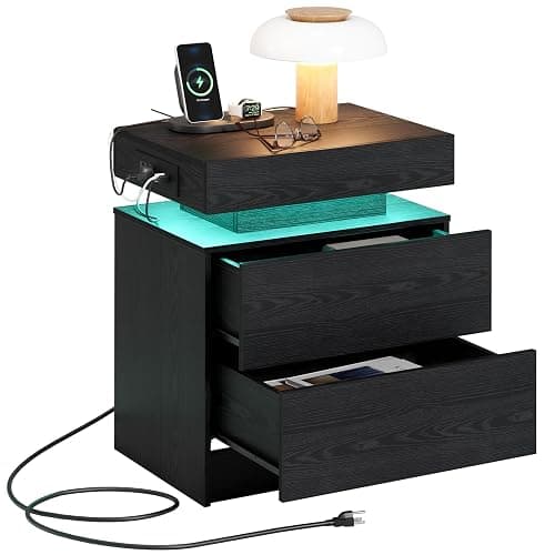 LIKIMIO Night Stand with Charging Station, Modern Black Nightstand with LED Light and Drawers, Bedside Tables/End Table for Bedroom thumbnail 8