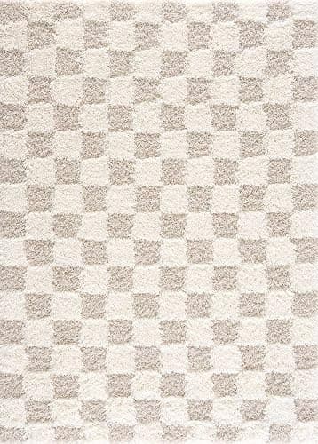 Hauteloom Marshmallow Modern Checkered Shag Area Rug - High Pile Fluffy Shaggy Carpet for Kids Room, Nursery, Living Room, Bedroom - Beige, Cream, White - 6'7" X 9'6" (6x9) thumbnail 2