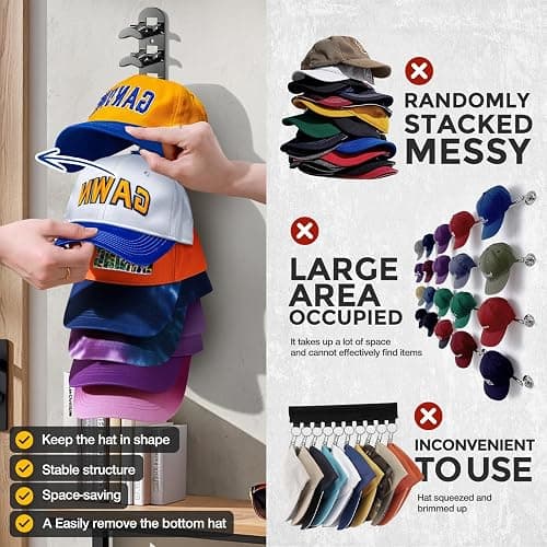 Hat Hook for Wall, 2 Pack Hat Organizer Hold up to 20 Hats,Hat Holder with Strong Adhesive and 8 Pack Screws, Cap Holder Hat Hangers for Wall Closet Door and Bedroom(B-Black) thumbnail 5