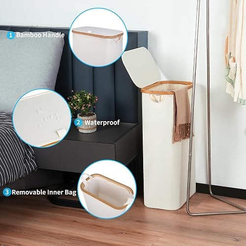 efluky Slim Laundry Basket with Lid, Narrow Laundry Hamper with Removable Bag, Skinny Dirty Clothes Basket with Bamboo Handles for Bathroom, Bedroom & Laundry Room, 63L Beige thumbnail 4