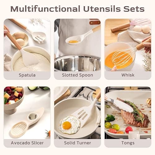Astercook Kitchen Utensils set, 39 PCS Silicone Cooking Utensils Set with Wooden Handle, 446°F Heat Resistant Food Grade Utensil Sets, BPA Free Kitchen Gadgets Tools Set for Nonstick Cookware (Cream) thumbnail 6