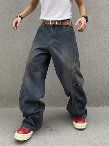 DFGIGT Men's Irregular Sutures Y2k Hip Hop Baggy Jeans Wide Leg Denim Pants Casual Loose Fit Trousers Streetwear thumbnail 3