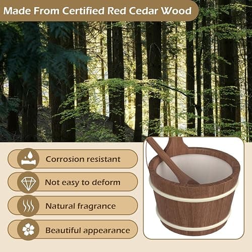 BNEHS Sauna Bucket and Ladle, Sauna Accessories Made of Hand-Made Red Cedar, Wooden Sauna Set with Plastic Lining and Handle thumbnail 4