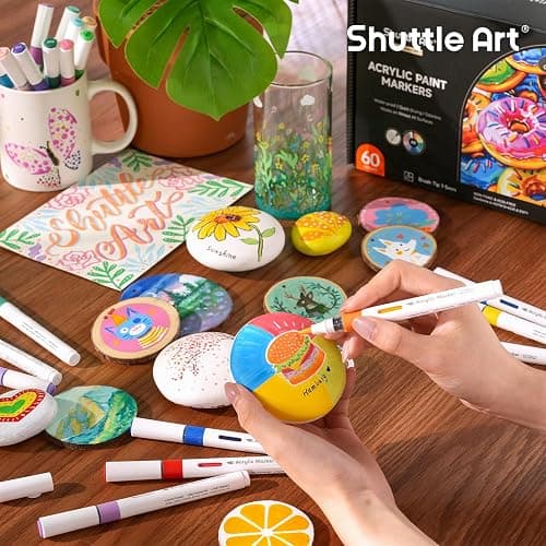 Shuttle Art Automatic Ink Control Acrylic Paint Markers, 60 Colors Brush Tip Acrylic Paint Pens for Rock Painting, Ceramic, Wood, Canvas, Glass, Stone, Fabric, Card Making, DIY Supplies, FlipFunAlong thumbnail 2