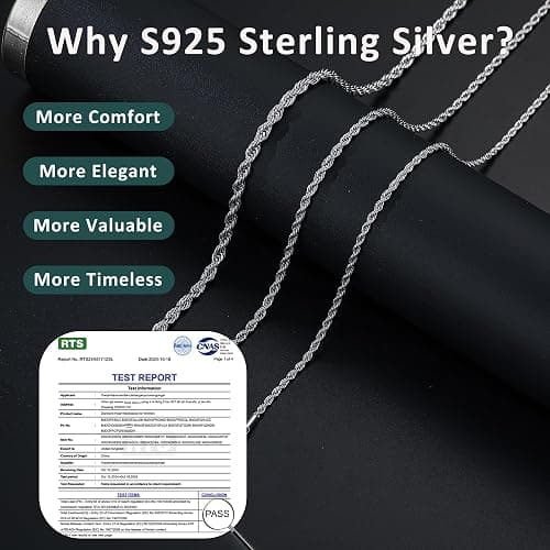 Weddinen 3mm/4mm S925 Sterling Silver Rope Chain Necklace for Men Women, Sturdy Non-Fading Sterling Silver Gold Chain for Men Christmas Jewellery Gifts 16/18/20/22/24 Inch thumbnail 4