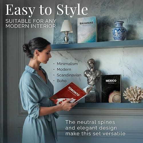 DJUNTU Decorative Books for Home Decor - Stacked Book Decorations for Living Room, Coffee or Console Table, Shelves - Faux Book Cover with 384 Blank Pages - Toronto, Mexico, Bahamas Designs - Set of 3 thumbnail 3
