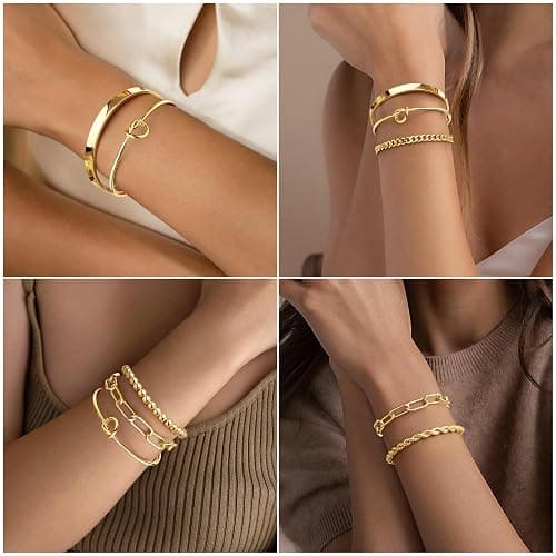 Gokeey Gold Bracelets for Women Non Tarnish, 14K Gold Plated Chunky Cuff Bracelet Gold Bangles Bracelet for Women Trendy Tie Knot Cuban Rope Paperclip Beaded Bracelet Stack Jewelry Gifts thumbnail 4
