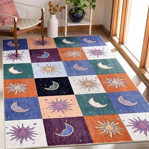Boho Sun and Moon 3x5 Rug Washable Indoor Thin Doormat, Vintage Mystical Celestial Checkerboard Entryway Rugs Non Slip, Hippie Retro Aesthetic Cute Astrology Throw Rugs for Kitchen Bedroom - Image 1