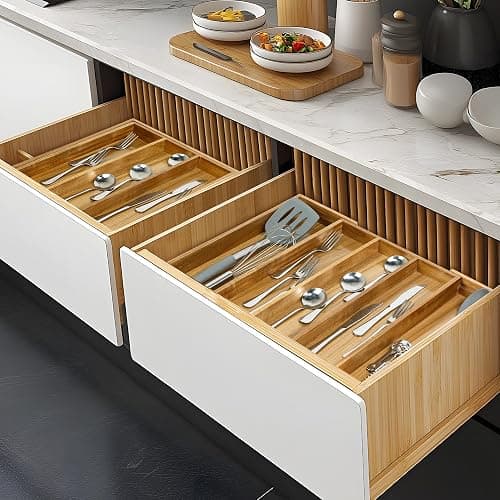 VaeFae Acacia Kitchen Silverware Organizer, Cutlery Drawer Organizer with 5 Compartments, Wooden Utensil Holder for Flatware and Cooking Tools thumbnail 7