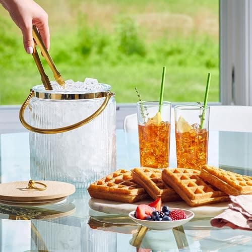 Glass Ice Bucket with Airtight Lid, Ice Tong Scooper and Handle - 3L Ribbed Beverage Tub Cocktail Home Bar Accessories, Wine, Beer - Chiller for Parties, Champagne Drink Tub Cooler with Hinged Handles thumbnail 2