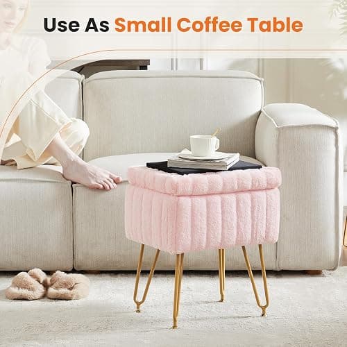Sweetcrispy Vanity Stool Chair with Storage, 18.9”H x 16”L x 12.2”W Ottoman Chair Faux Fur Soft Padded Makeup Footstools Seat with 4 Metal Legs Anti-Slip Adjustable Feet for Make Up, Pastel-Pink thumbnail 5