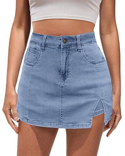 Vetinee Jean Skorts for Woman High Waisted Trendy Slit Stretchy Denim Skirt with Shorts Y2K Casual Summer Skorts Skirts - Medium - Blue Fog - Image 1