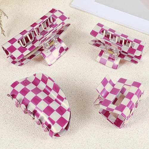 4Pcs Checkered Hair Claw Clips, Non-Slip Hair Jaw Clips for Thick, Thin, Curly, Straight, Long Hairstyle, Simple Style Purple and White Square Claw Clip, Purple Accessories for Women thumbnail 7