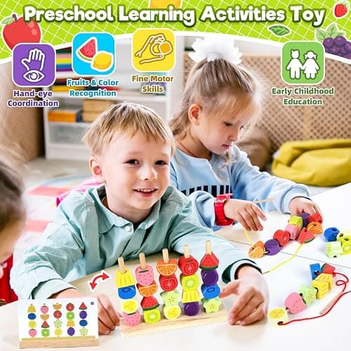 Montessori Wooden Beads Stacking Toys: 2 3 4 Year Old Boys Girls Birthday Gifts - Toddler Sequence Game & Sorting Blocks & Lacing & Matching Shape - Preschool Learning Activities for 2-5 Years Kids thumbnail 2