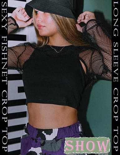 Avidlove Women Fishnet Long Sleeve Crop Top See Through Shirt Sheer Blouse | Fishnet,Crew Neck,Long Sleeve,See Through,Sheer,Festival,Club,Party,Clubwear,Coachella Outfits,Concert,Rave,Y2k,Halloween thumbnail 3