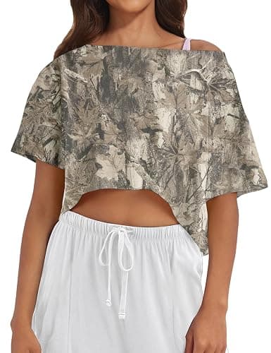 MSBESYOR Women Camo Off The Shoulder Shirt Top Short Sleeve Boat Neck Athletic Workout Crop Tees Oversized T Shirts Summer - Image 1