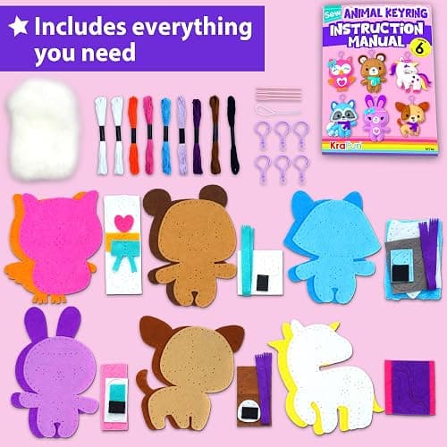 KRAFUN Unicorn Sewing Keyring Kit for Kids Age 7 8 9 10 11 12 Learn Art & Craft, Includes 6 Stuffed Animal Bear, Dog, Rabbit, Raccoon, Owl Dolls, Instruction & Felt Materials thumbnail 3
