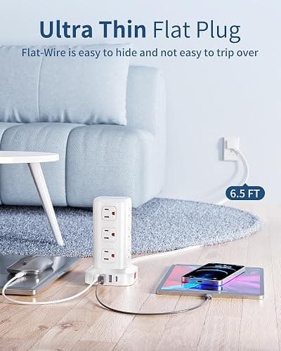 Extension Cord with Multiple Outlets, SMALLRT Flat Plug Surge Protector Power Strip Tower with USB 12 AC Outlets, 6.5FT Ultra Thin Extension Cord Outlet Extender for Home Office, Overload Protection thumbnail 5