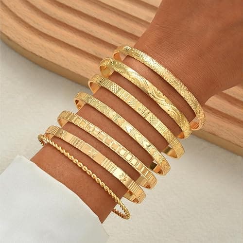 ÌF ME Gold Bangle Bracelets for Women, Indian Bangles Stackable Set, Multi Layer Textured 14K Gold Plated Chunky Bracelets Boho Jewelrys Set thumbnail 5