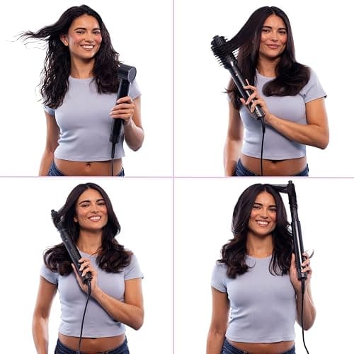 FoxyBae Super Styler Pro Interchangeable Hair Styler Wand Curling Iron Set - w/Drying Cylinder, Ceramic Blowout & Round Brushes, 2 Auto-Wrap Curlers - Frizz-Free, Smooth Hair (Black Rose-Gold) thumbnail 4
