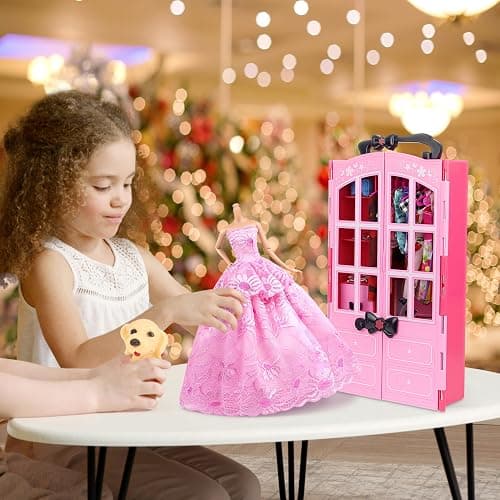 Ecore Fun 120 Pcs Fashion Doll Closet Wardrobe for Clothes and Accessories Storage Include Clothes, Dresses, Shoes, Shoes Rack, Bags, Necklace, Hangers for 11.5 Inch Girl Doll Clothes thumbnail 2
