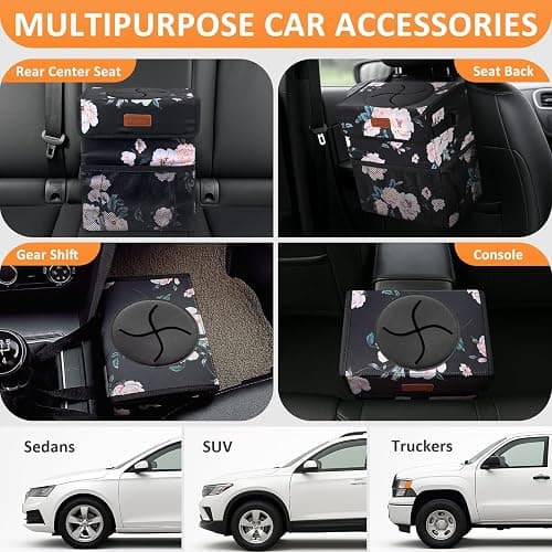 Vankor Car Trash Can with Lid Leak Proof Car Accessories for Women | 2.2 Gallon Cute Hanging Car Trash Bin for Men Car Truck Vehicle Sedan Interior Automotive Garbage Cans, Black Floral thumbnail 5
