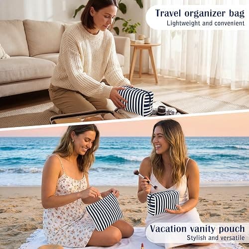 Sadnyy 2 Pcs Navy Blue Striped Makeup Bags Set Canvas Zipper Cosmetic Pouch for Purse Travel Toiletry Organizer Bag Gifts for Mom Women Beach Bridemaids Party Favors thumbnail 5