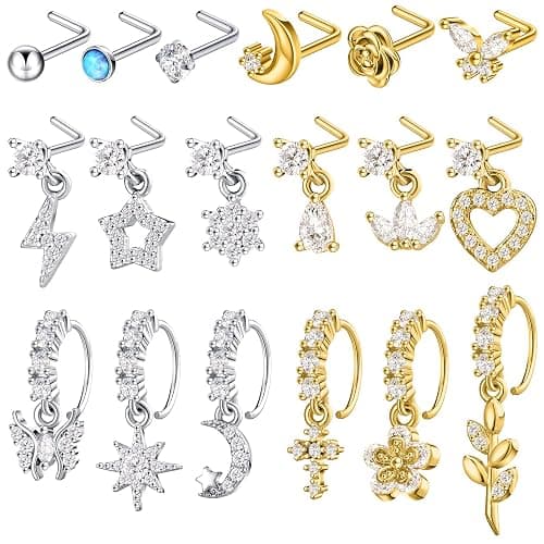 Bonuci 18 Pcs Dangle Nose Ring L Shaped Dangling Nose Stud Nose Ring Hoop Indian Nose Piercing Jewelry with Charm - Image 1
