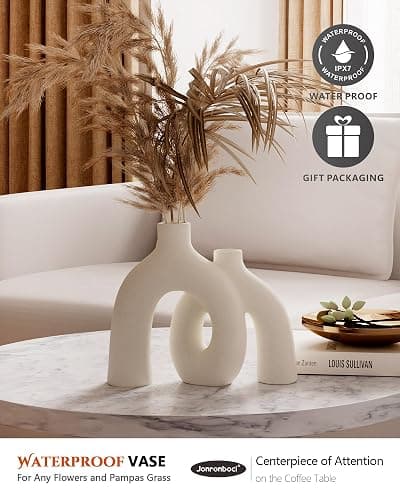 Hug Donut Decorative Vase Set - Modern Nordic Boho Style Vases Home Decor, Matte Ceramic Decorations for Living Room Shelf, Bookshelf Mantle Entryway Table or Console Décor (Cream White) - Cream White thumbnail 5