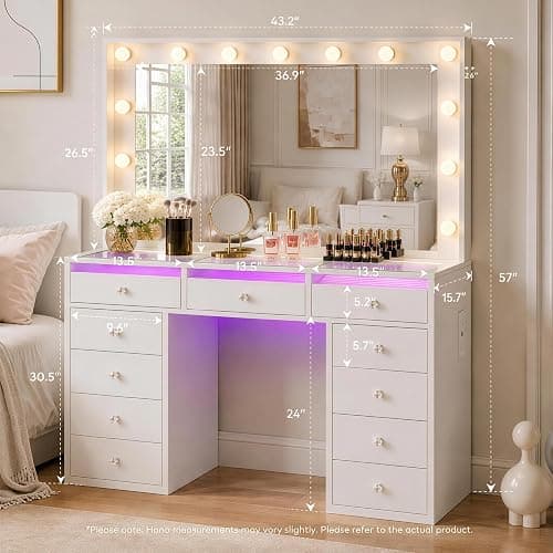 IFSEB Makeup Vanity Desk with LED Lights and Large 36.9’’ Mirror 11 Drawers | Vanity with RGB Glass Top & 3 Color Hollywood Bulbs, Make Up Vanity with Charging Station & Crystal Knobs, White thumbnail 2